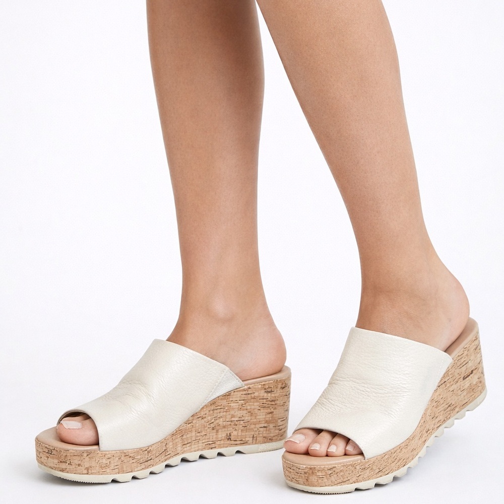 Sorel Leather Cork Wedge Platform Slide Sandals Cream Open Toe Size 7.5